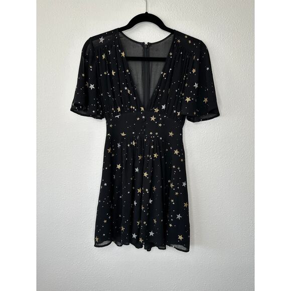 Privacy Please Ford Black Metallic Gold Silver Star Deep V Short Sleeve Dress XS - Picture 4 of 15